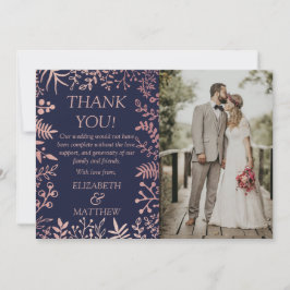 Elegant Navy & Roos Goud Bloemen Bruiloft Foto Bedankkaart