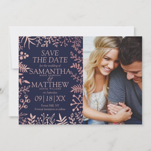 Elegant Navy & Roos Goud Bloemen Bruiloft Foto Save The Date (Voorkant)