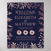 Elegant Navy & Roos Goud Bloemen Bruiloft Welkom Poster (Voorkant)