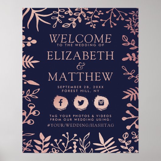 Elegant Navy & Roos Goud Bloemen Bruiloft Welkom Poster (Voorkant)
