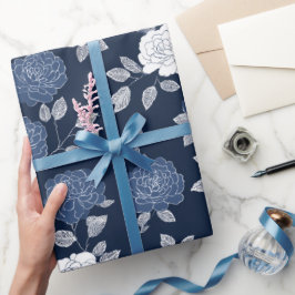 Elegant Navy Roos Wit Bloemmotief Cadeaupapier