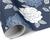 Elegant Navy Roos Wit Bloemmotief Cadeaupapier (Rol Hoek)