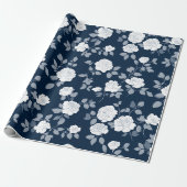 Elegant Navy Roos Witte Bloemmotief Cadeaupapier (Uitgerold)