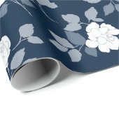 Elegant Navy Roos Witte Bloemmotief Cadeaupapier (Rol Hoek)
