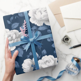 Elegant Navy Roos Witte Bloemmotief Cadeaupapier