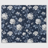Elegant Navy Roos Witte Bloemmotief Cadeaupapier (Vlak)