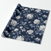 Elegant Navy Roos Witte Bloemmotief Cadeaupapier (Uitgerold)
