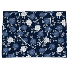 Elegant Navy Roos Witte Bloemmotief Groot Cadeauzakje