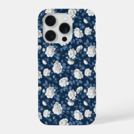 Elegant Navy Roos Witte Bloemmotief iPhone 15 Pro Case