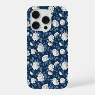 Elegant Navy Roos Witte Bloemmotief iPhone 15 Pro Case