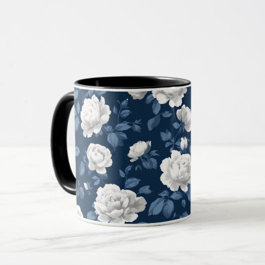 Elegant Navy Roos Witte Bloemmotief Mok (Voorkant links)