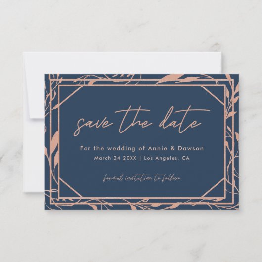 Elegant Navy & Rose Goud Huwelijk Save The Date (Voorkant)