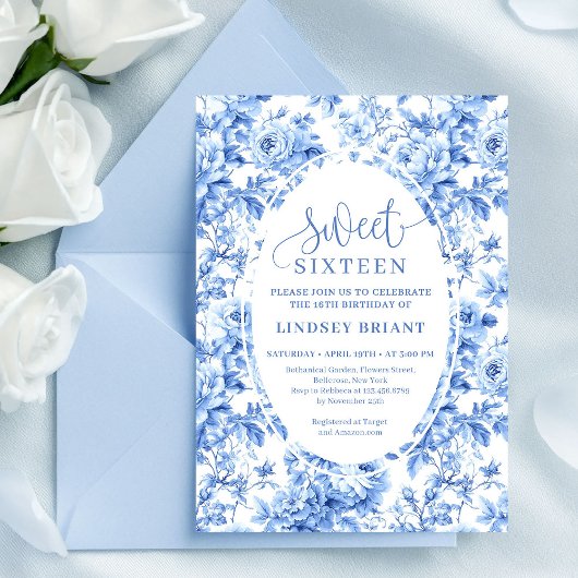 Elegant Navy Roses Digital 16th Birthday Invite Kaart