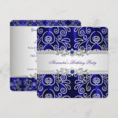 Elegant Navy Royal Blue Lace Diamond Overlay Party Kaart (Voorkant / Achterkant)