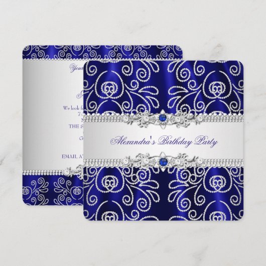 Elegant Navy Royal Blue Lace Diamond Overlay Party Kaart (Voorkant / Achterkant)