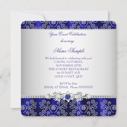 Elegant Navy Royal Blue Lace Diamond Overlay Party Kaart (Achterkant)