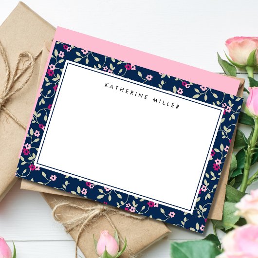Elegant Navy & Roze Floral Pattern Note Card Notitiekaartje