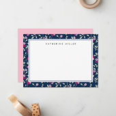 Elegant Navy & Roze Floral Pattern Note Card Notitiekaartje (Voorkant / Achterkant in situ)