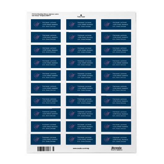 Elegant Navy Roze Script Monogram Adres Etiket (Full Sheet)