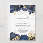 Elegant Navy Rozen Gold leaf Quinceanera Party Inv Kaart (Voorkant)