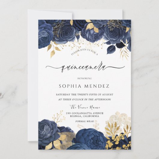 Elegant Navy Rozen Gold leaf Quinceanera Party Inv Kaart (Voorkant)