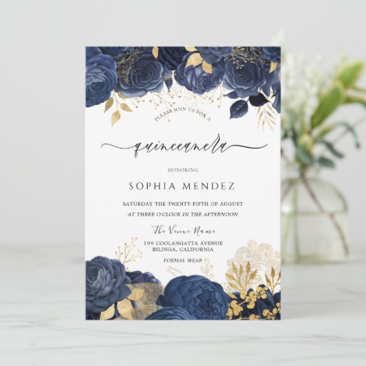 Elegant Navy Rozen Gold leaf Quinceanera Party Inv Kaart (Staand voorkant)