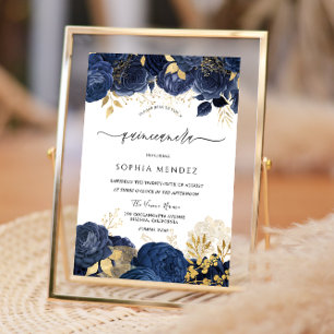Elegant Navy Rozen Gold leaf Quinceanera Party Inv Kaart