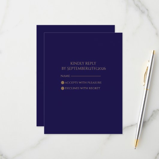 Elegant Navy RSVP card (Voorkant / Achterkant in situ)