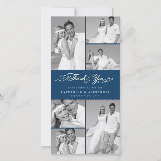 Elegant Navy Scalloped Band 6 Foto Chic Wedding Bedankkaart (Voorkant)
