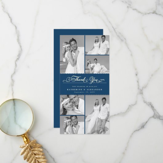 Elegant Navy Scalloped Band 6 Foto Chic Wedding Bedankkaart (Voorkant / Achterkant in situ)