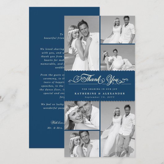 Elegant Navy Scalloped Band 6 Foto Chic Wedding Bedankkaart (Voorkant / Achterkant)