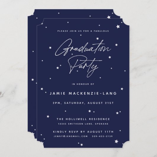 Elegant Navy Script and Stars Graduation Party Kaart (Voorkant / Achterkant)