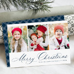 Elegant Navy Script Merry Kerstmis 3 Foto Feestdagenkaart<br><div class="desc">Eenvoudige kerstkaart met drie verticale foto's met "prettige kerst" die in een feestelijk marinescript worden getoond. Pas de voorzijde van de multi-foto kerstkaart aan met uw familienaam en het jaar. De kaart keert terug om een modern marine en wit vlecht patroon te tonen.</div>