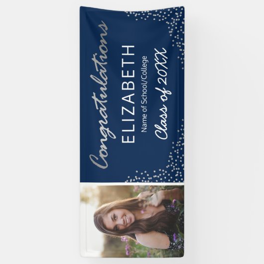 Elegant Navy Silver 2025 Afstuderen Photo Banner (Verticaal)