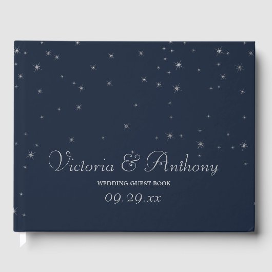 Elegant Navy & Silver Falling Stars Wedding Gastenboek (Voorkant)