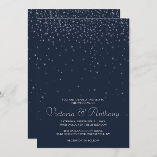 Elegant Navy & Silver Falling Stars Wedding Kaart (Voorkant / Achterkant)