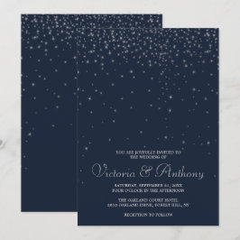 Elegant Navy & Silver Falling Stars Wedding Kaart