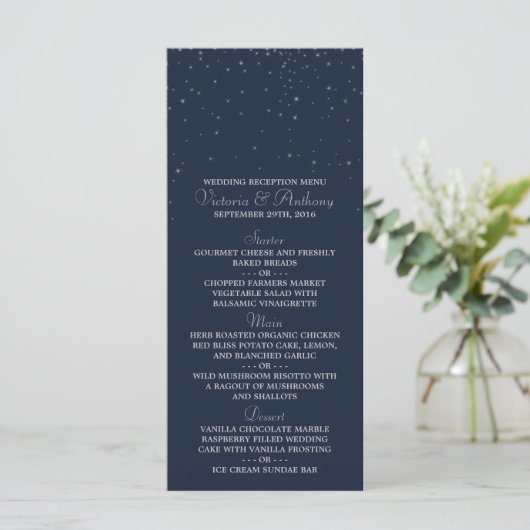 Elegant Navy & Silver Falling Stars Wedding Menu (Staand voorkant)