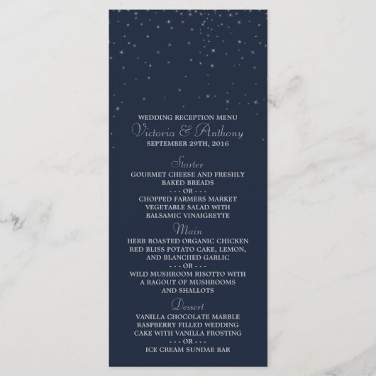 Elegant Navy & Silver Falling Stars Wedding Menu (Voorkant)