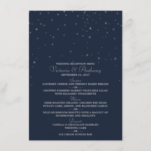 Elegant Navy & Silver Falling Stars Wedding Menu (Voorkant)