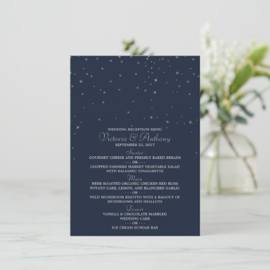 Elegant Navy & Silver Falling Stars Wedding Menu (Staand voorkant)