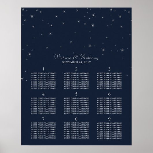 Elegant Navy & Silver Falling Stars Wedding Poster (Voorkant)