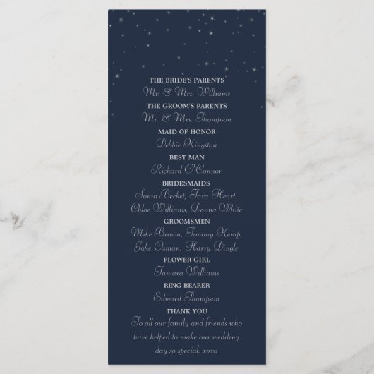 Elegant Navy & Silver Falling Stars Wedding Programmakaart (Achterkant)