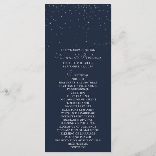 Elegant Navy & Silver Falling Stars Wedding Programmakaart (Voorkant)