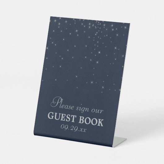 Elegant Navy & Silver Falling Stars Wedding Reclamebord Met Voetstuk (Voorkant)