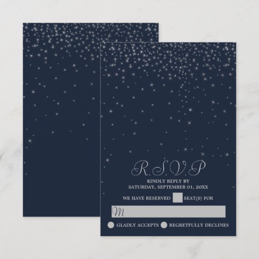 Elegant Navy & Silver Falling Stars Wedding RSVP Kaartje (Voorkant / Achterkant)