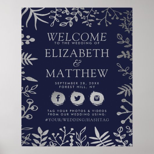 Elegant Navy & Silver Floral bruiloft Welkom Poster (Voorkant)