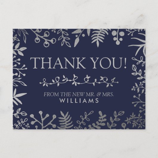 Elegant Navy & Silver Floral Wedding Collectie Briefkaart (Voorkant)