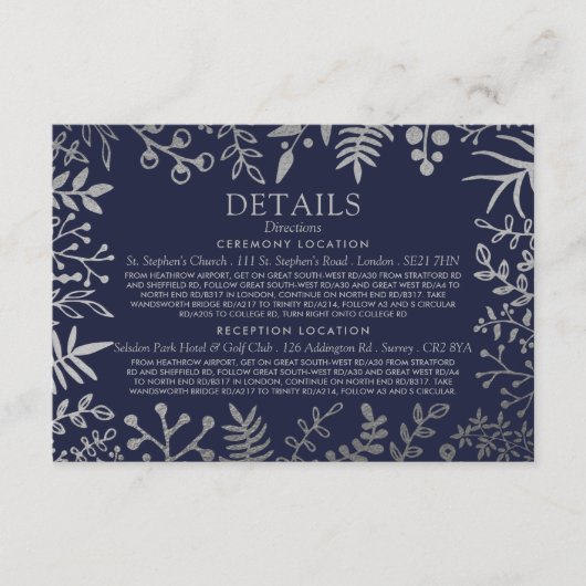 Elegant Navy & Silver Floral Wedding Collectie Informatiekaartje (Voorkant)