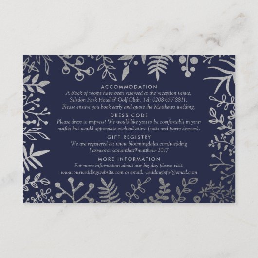 Elegant Navy & Silver Floral Wedding Collectie Informatiekaartje (Achterkant)